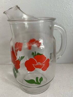 Vintage Anchor Hocking   Red Foxy Flowers   74 oz. Ice Lip Pitcher, Excellent